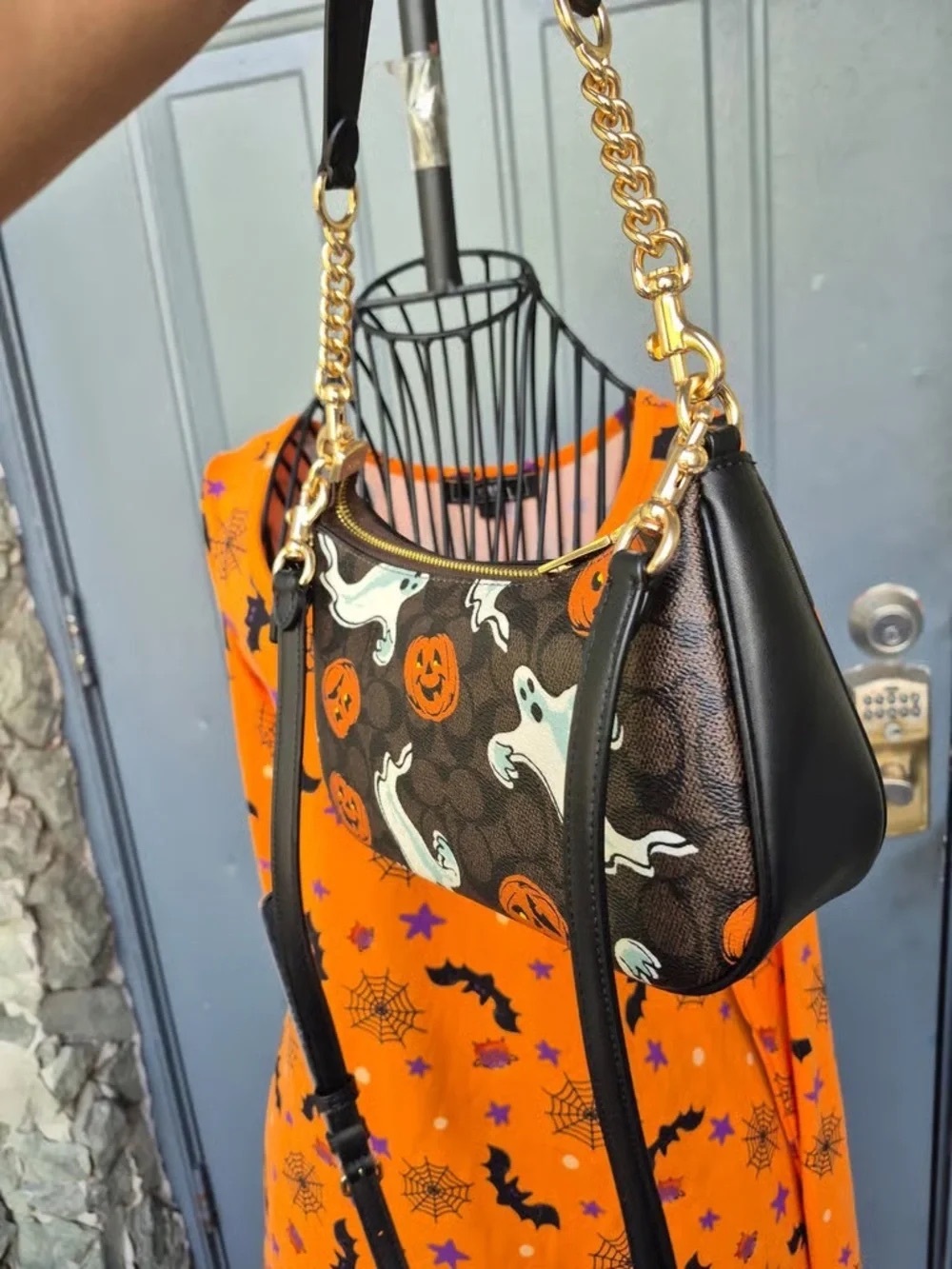 Coach Black Leather Shoulder Bag with White Ghosts & Orange Pumpkin Faces - Picture 4 of 5